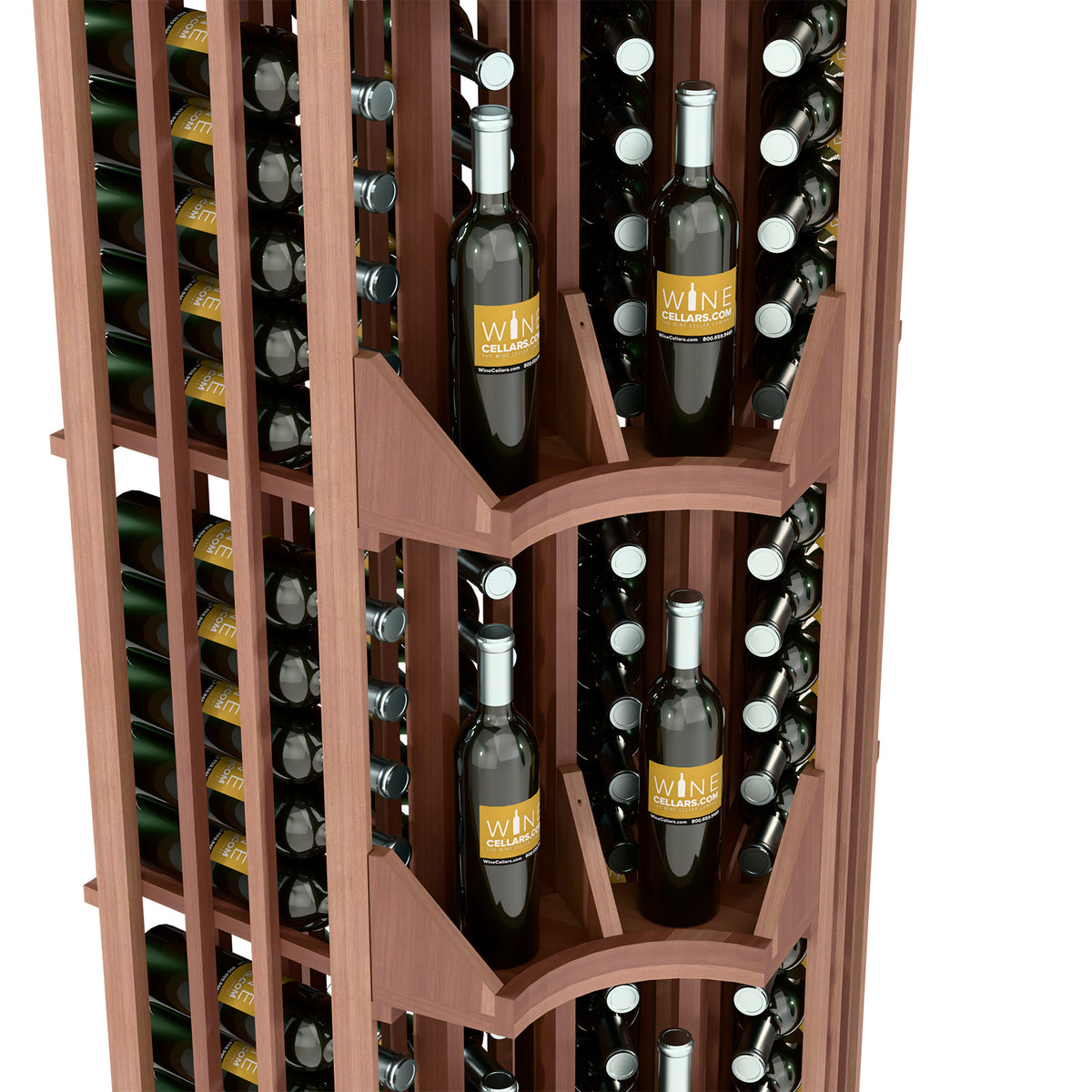 Close-up of dark wood wine wall display with wine bottles in front and side slots