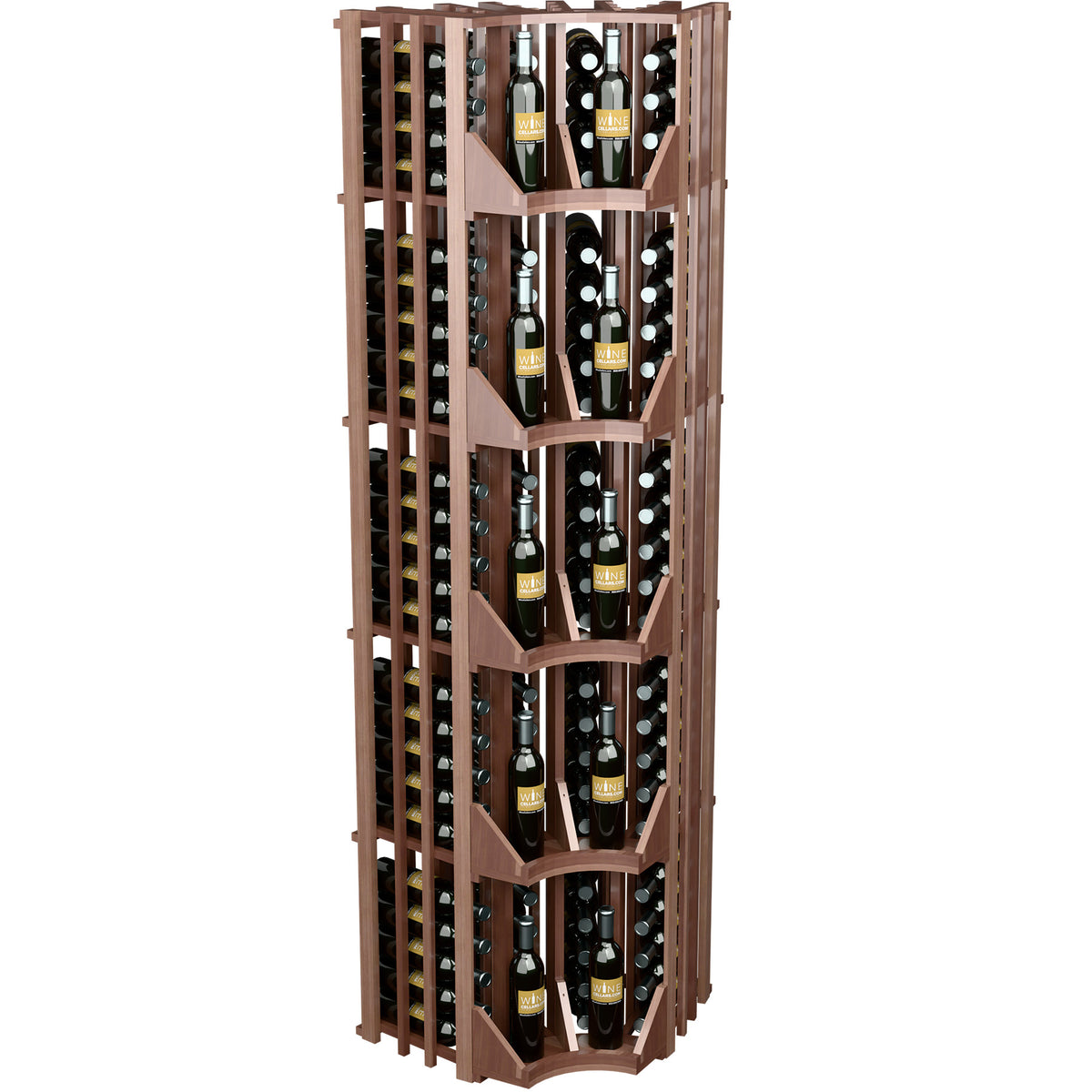Dark wood curved corner wine wall display with 4 columns and tiered bottle holders
