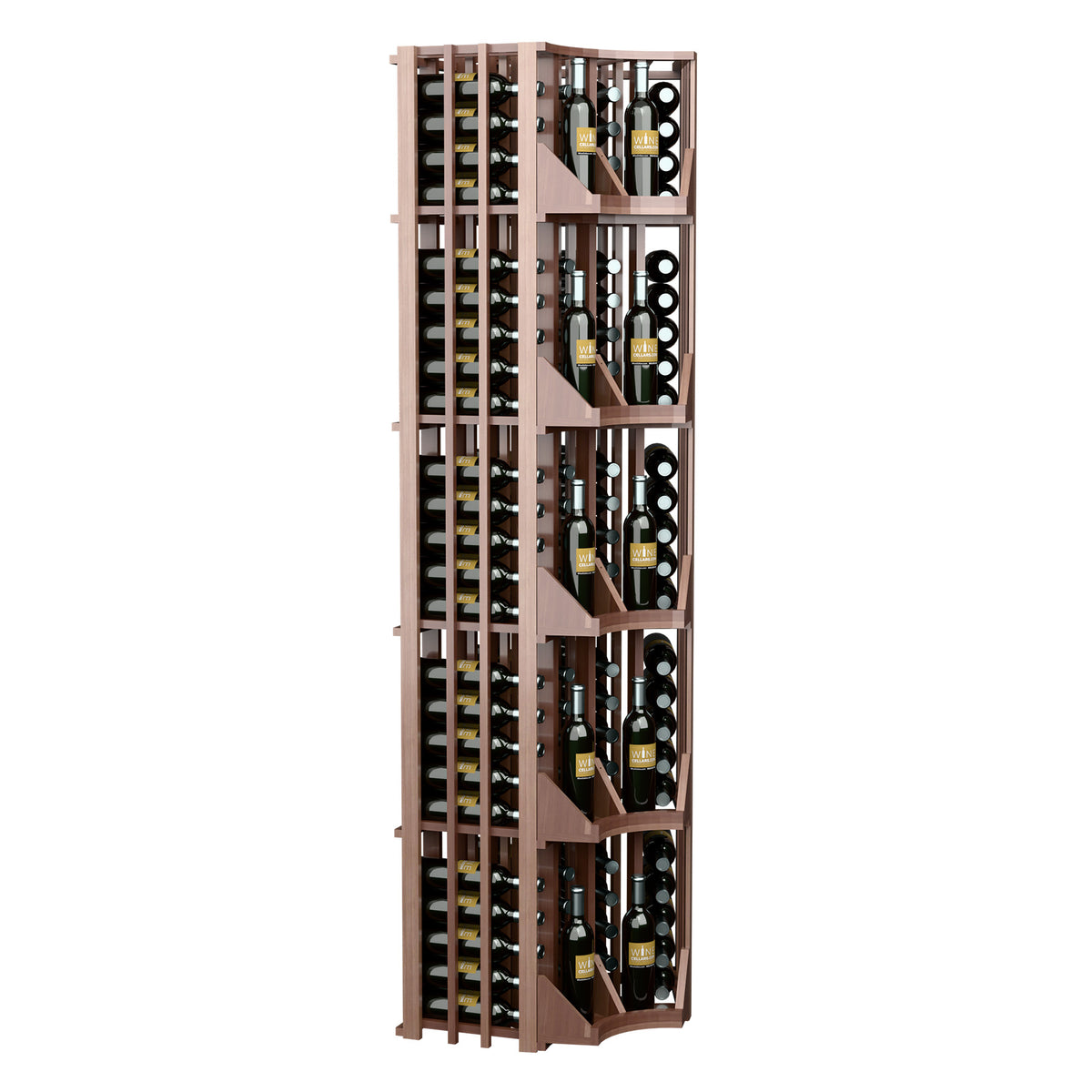 Dark wood 4-column curved corner wine wall display with bottles in recessed columns