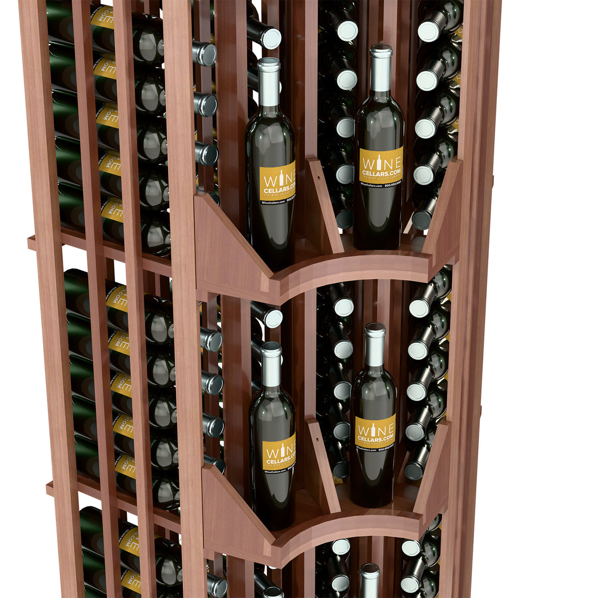 Close-up view of dark wood wine wall display showing bottle rows and curved shelves