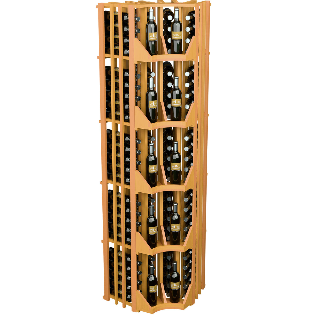 Natural wood 4-column curved corner wine wall display with tiered bottle compartments