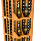 Curved corner wine bottle display rack with 4 columns, natural wood frame, bottle view