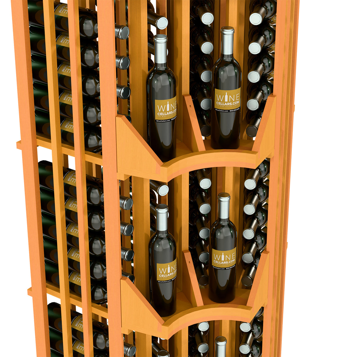 Curved corner wine bottle display rack with 4 columns, natural wood frame, bottle view