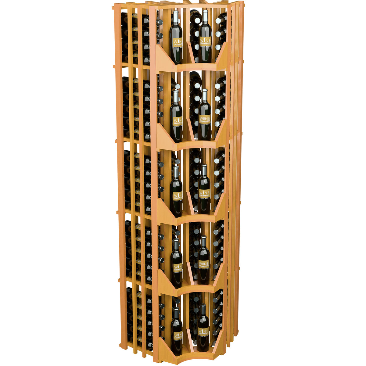 Tall curved corner wine bottle display rack with 4 columns, natural wood, front view