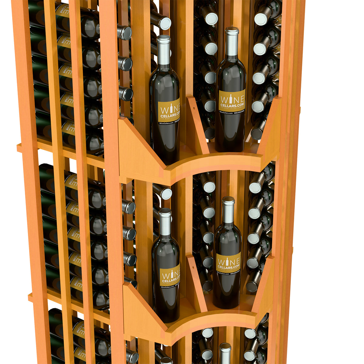 Curved corner wine bottle display rack with 4 columns, natural wood, angled bottle rows