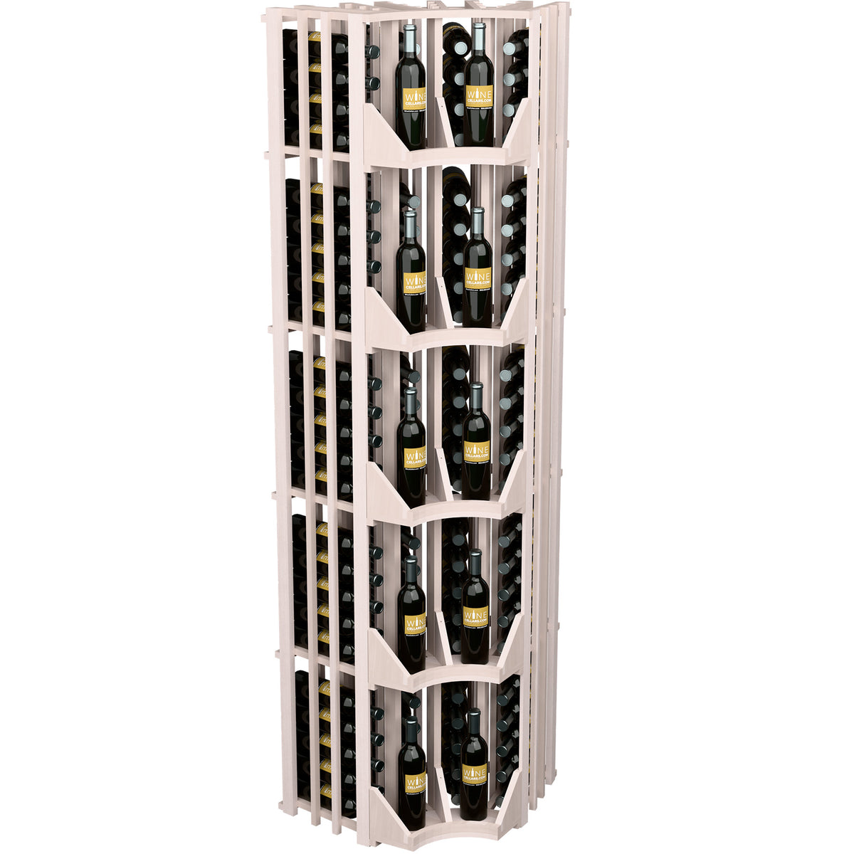 Curved corner wine bottle display rack with 4 columns, white wood frame, bottle view