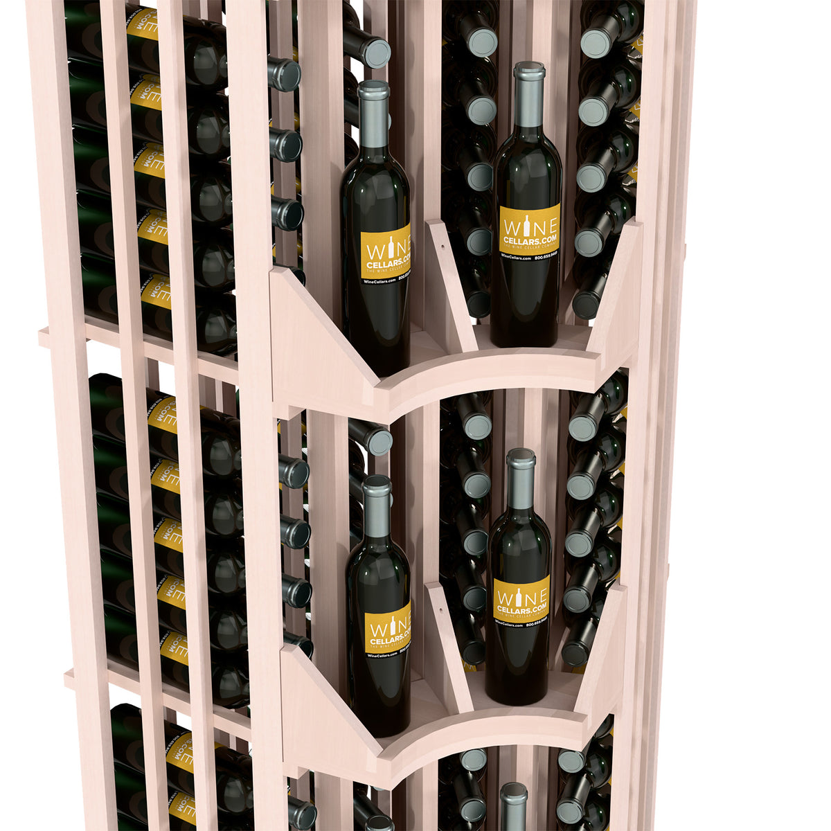 Curved corner wine bottle display rack with 4 columns, white wood, angled bottle shelves