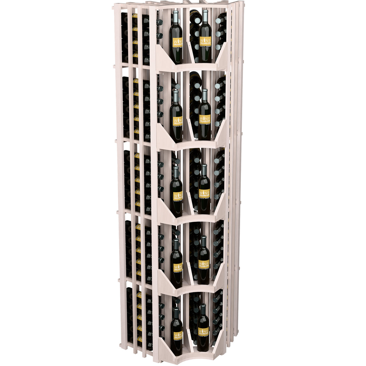 Tall curved corner wine bottle display rack with 4 columns, white wood, front view
