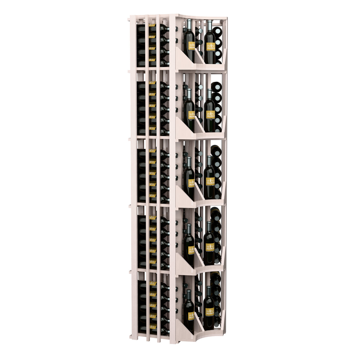 Curved corner wine bottle display rack with 4 columns, white wood, side view