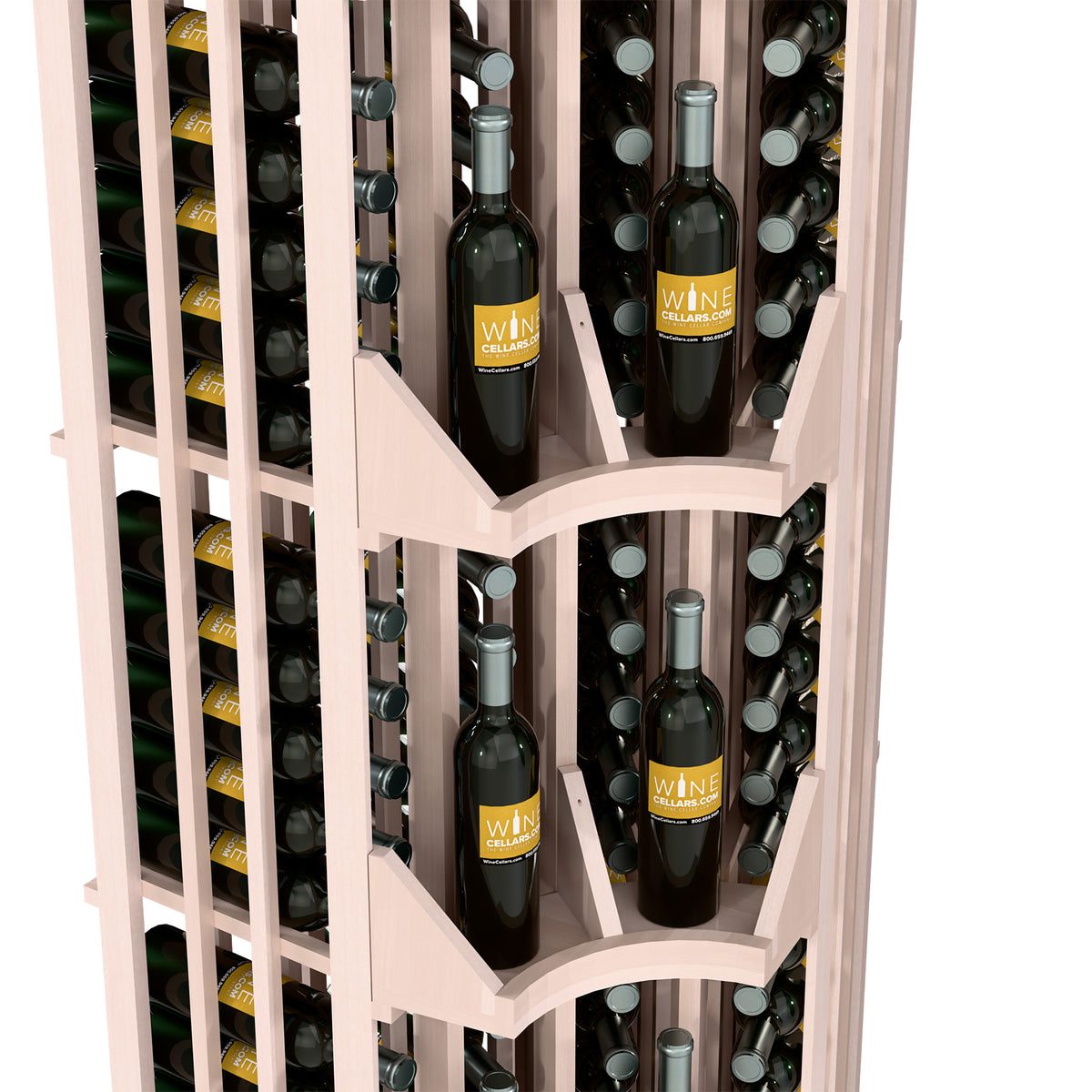 Curved corner wine bottle display rack with 4 columns, white wood, close-up bottle rows