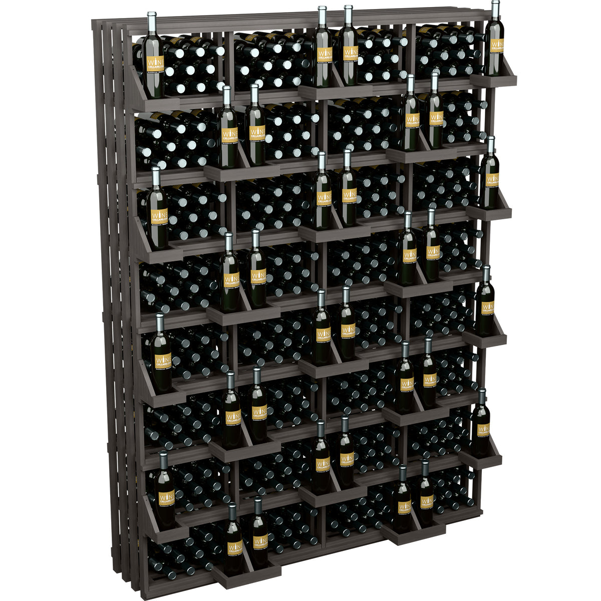 Dark wood wine bottle wall display with open cubbies and rows of black bottles