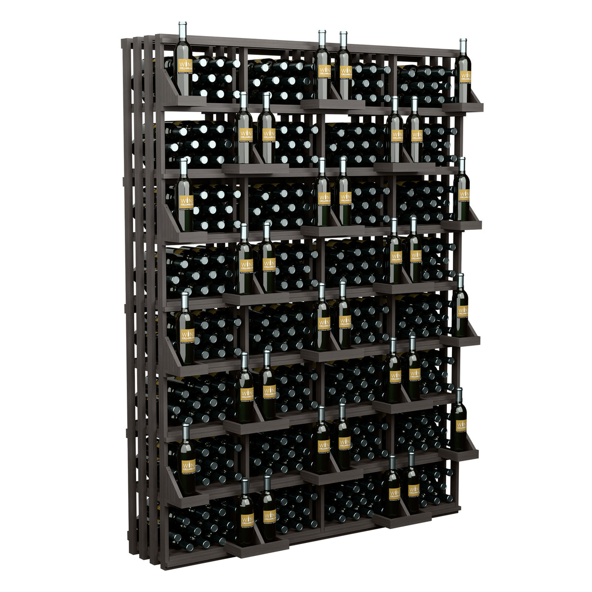 Black wine bottle wall display with multi-tier shelves and front-facing bottles