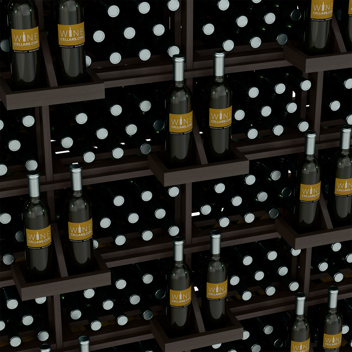 Wine bottle display rack close-up with black panels and bottles in grid shelves