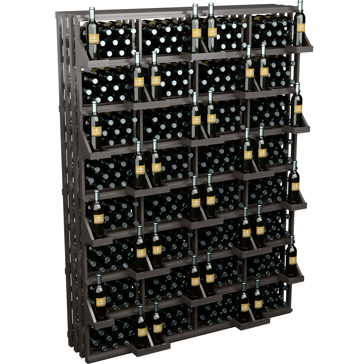 Black bottle wall display with multi-tier grid holding rows of bottles