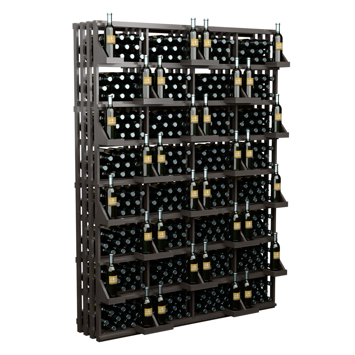 Black bottle wall display with side frame and stacked bottle rows on shelves