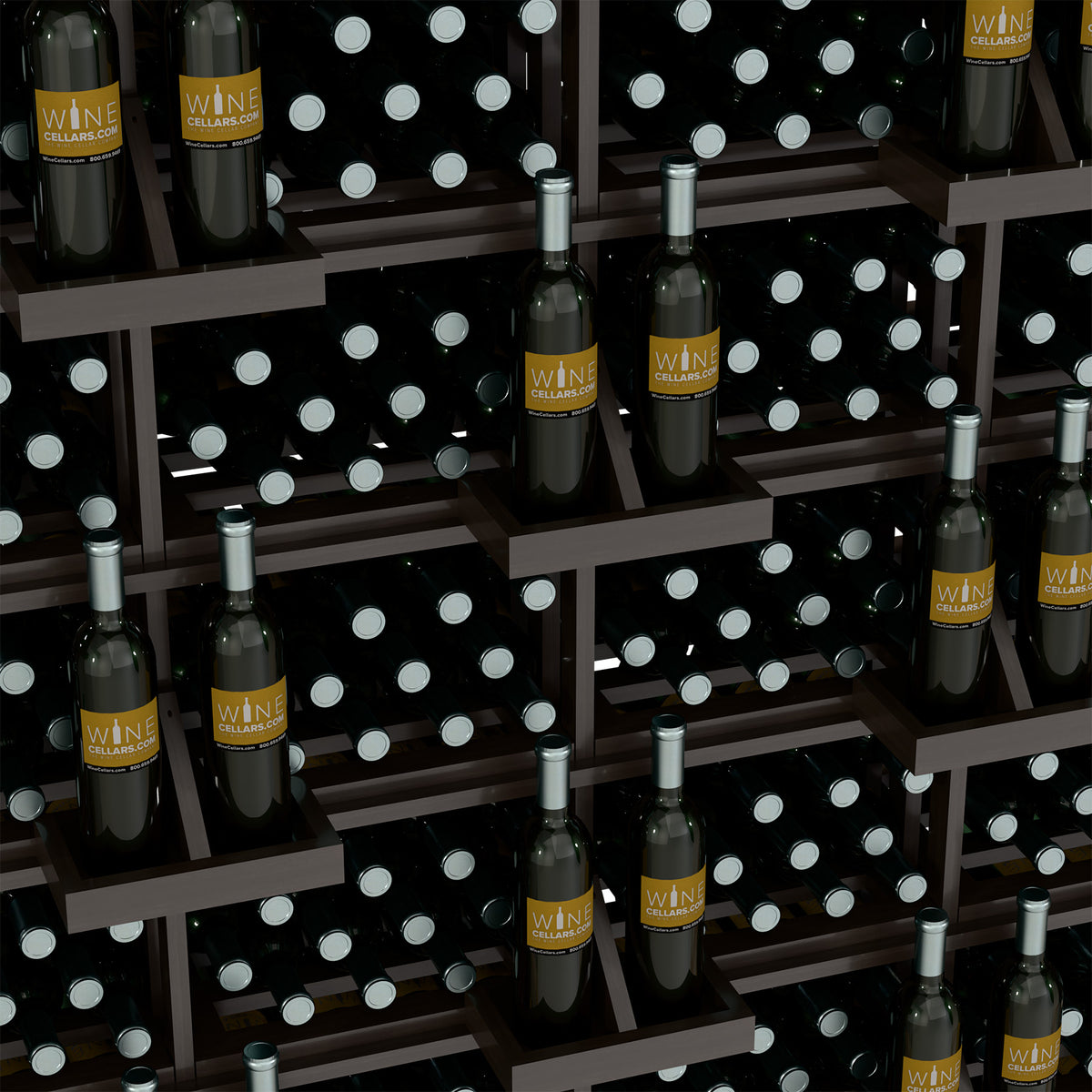 Bottle wall display close-up with black backboard and metal pegs holding bottles