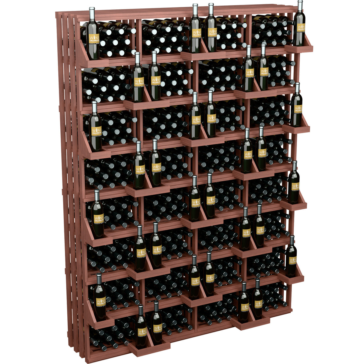 Wine bottle wall display rack with warm reddish-brown shelves and multiple bottle slots