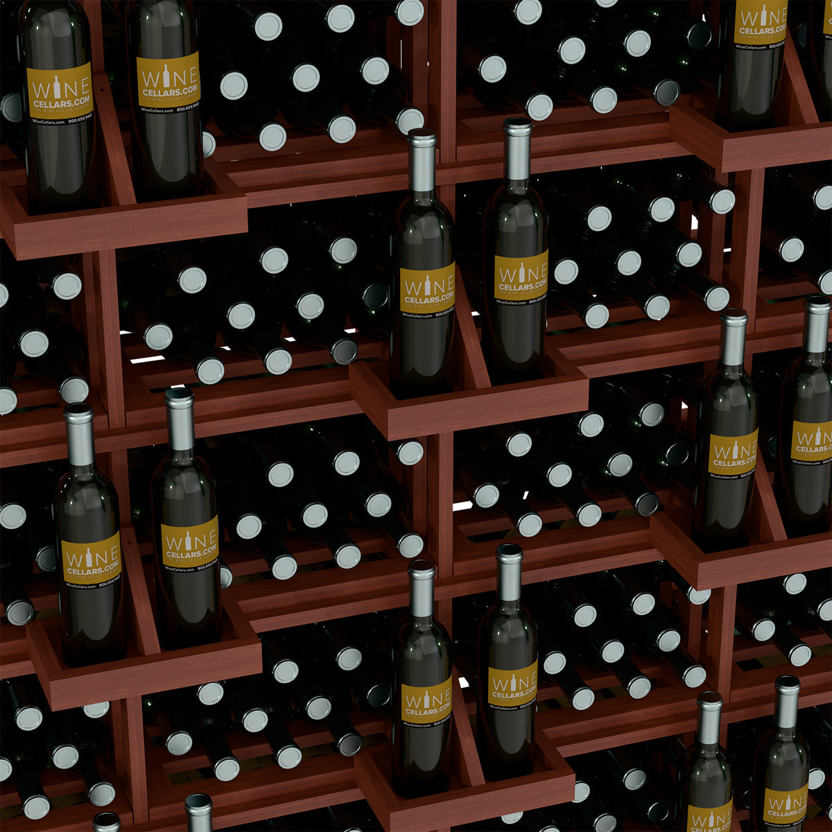 Wine bottle wall display close-up: black bottles with foil caps in wooden cubbies