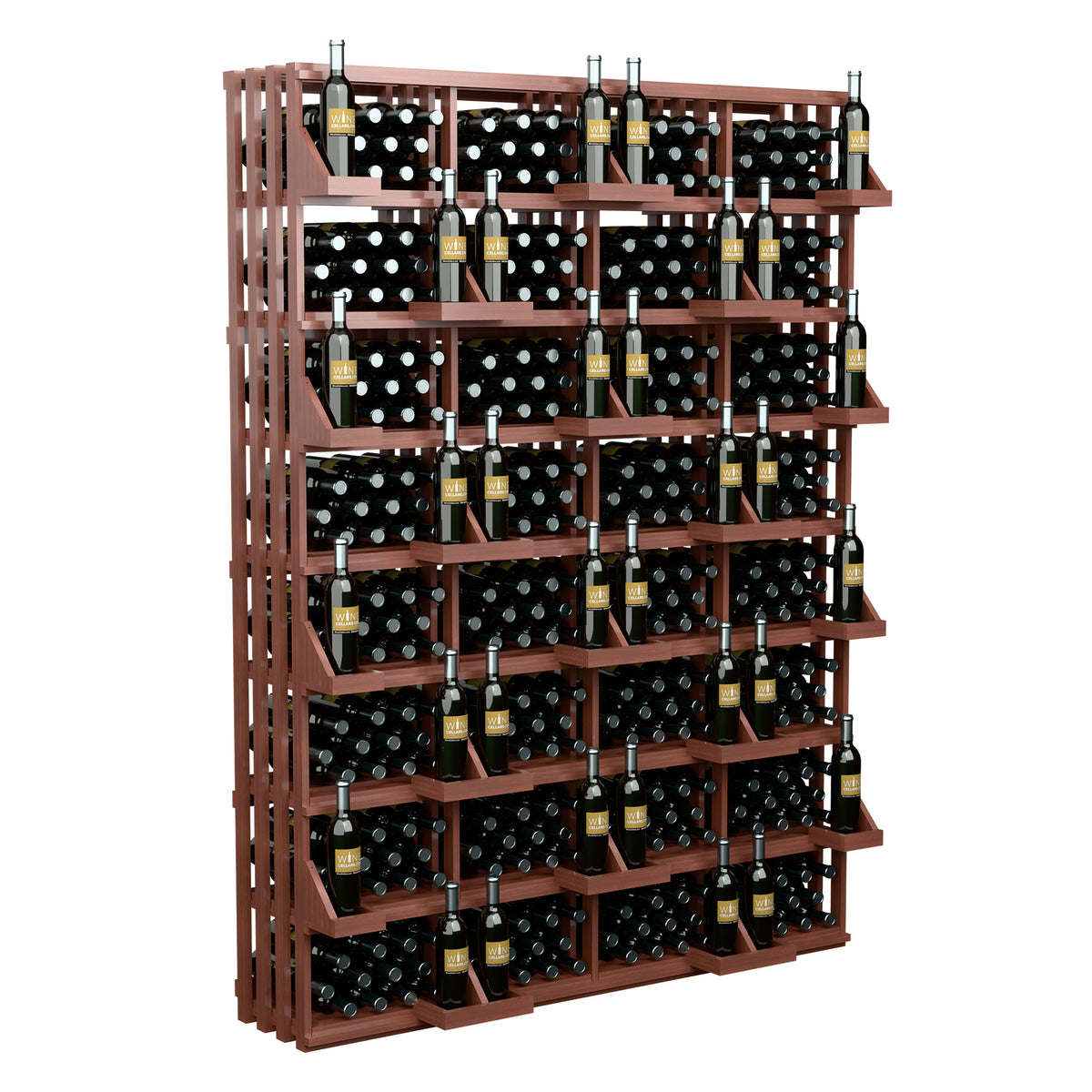 Red wood bottle wall display with stacked bottle rows in square slots