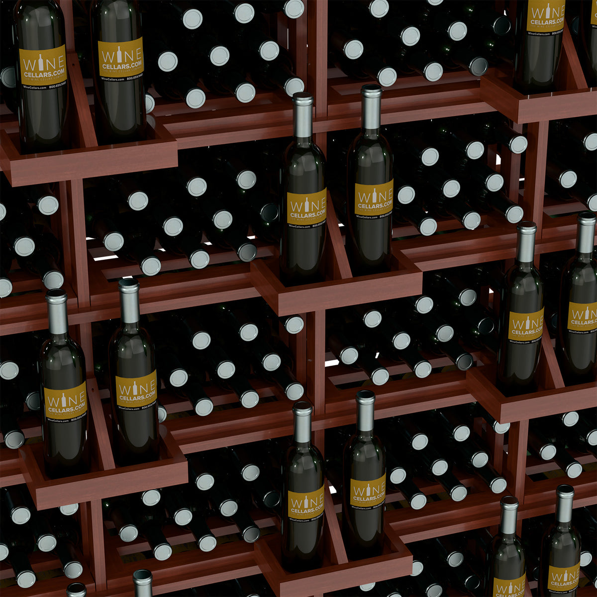 Bottle wall display close-up with wood shelves and bottles on metal pegs
