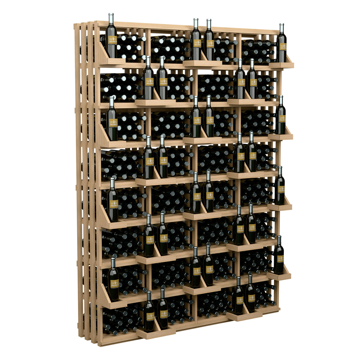 Natural wood wine bottle wall display with open cubbies and rows of dark bottles