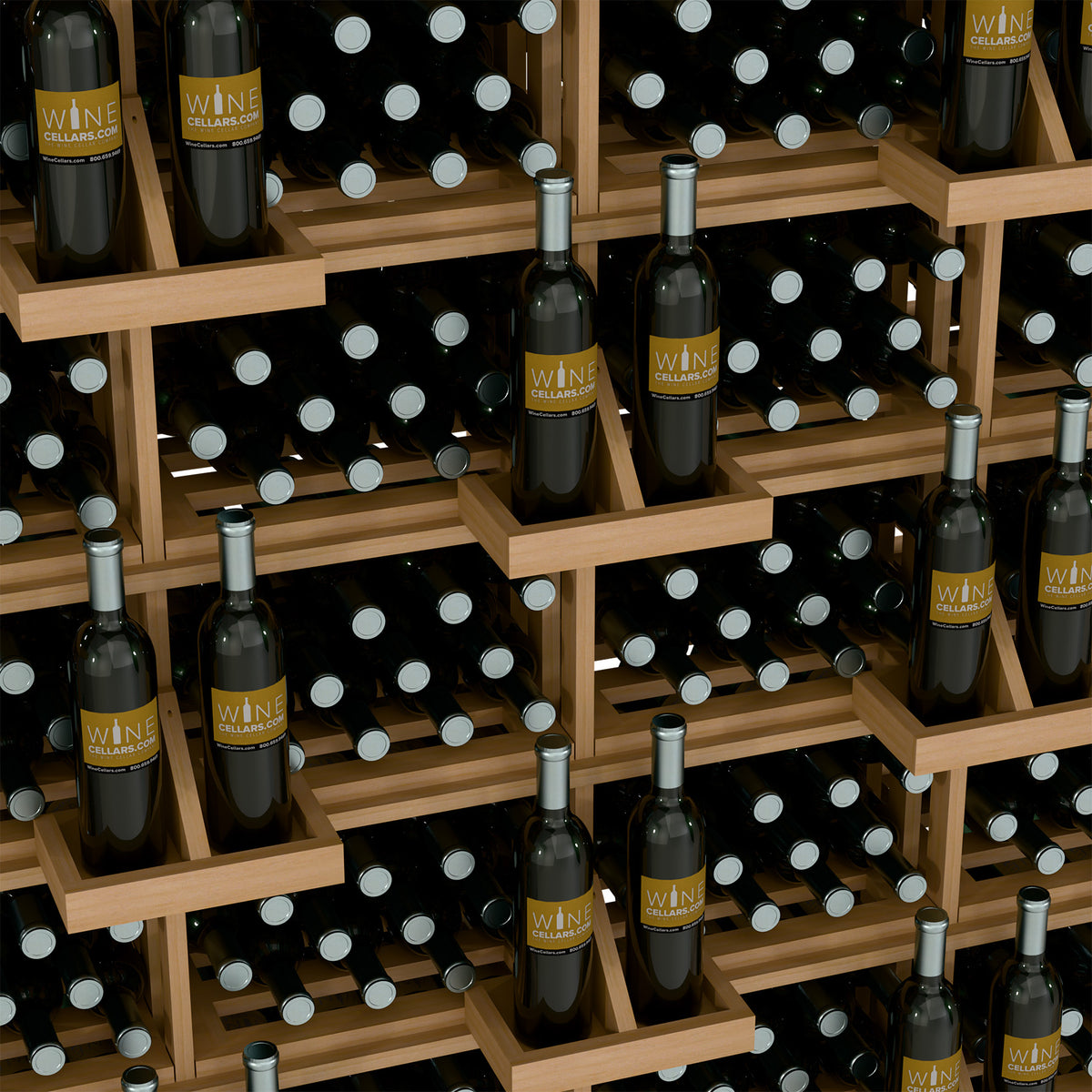 Wood wine bottle wall rack with slatted shelves and metal holders; dark bottles