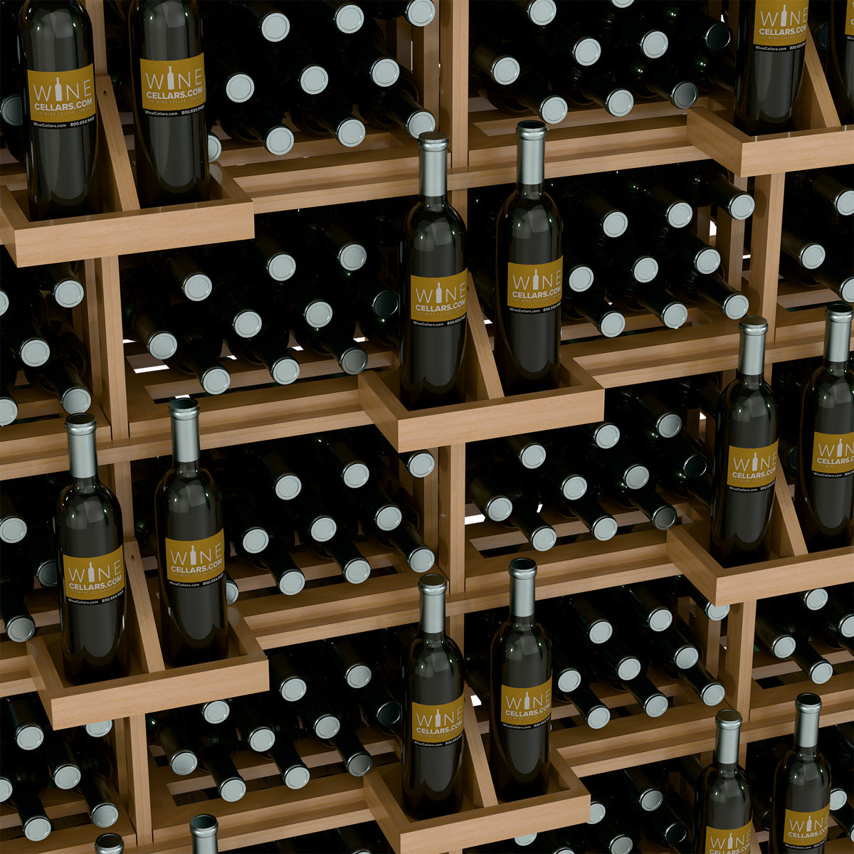 Bottle wall display close-up with light wood shelves and bottles on pegs