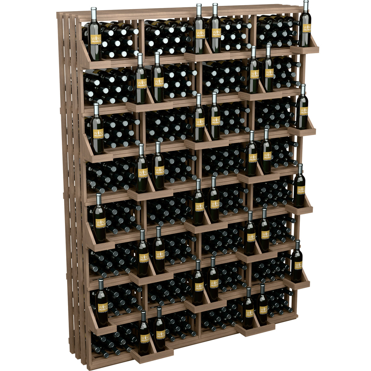 Wine bottle wall display with bulk bins, medium warm wood frame with rows of bottles