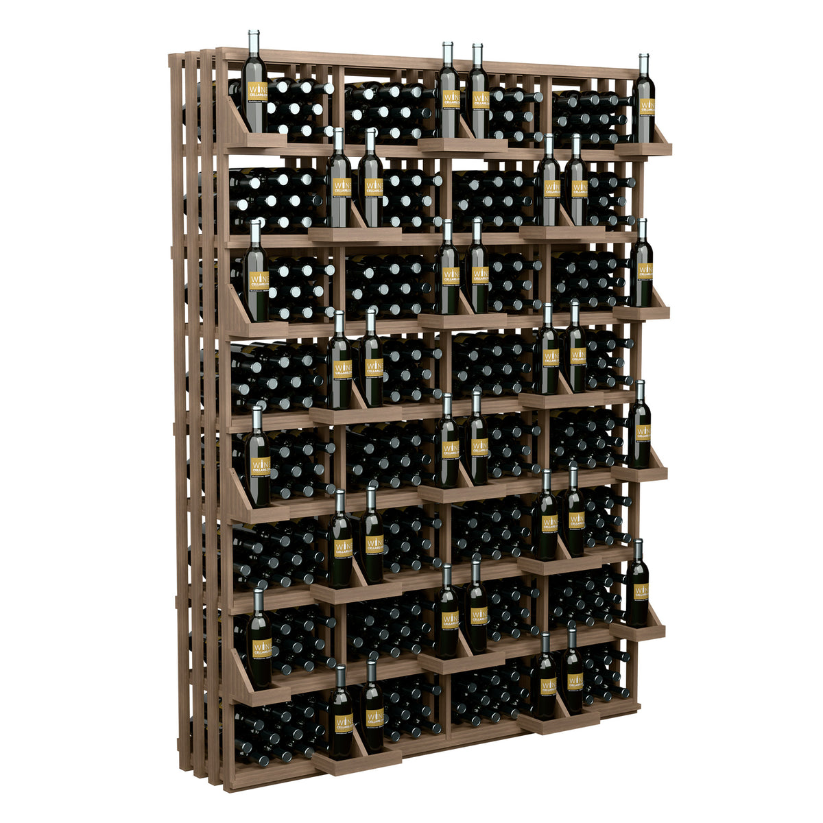 Wood wine bottle wall display with open cubbies and rows of dark bottles