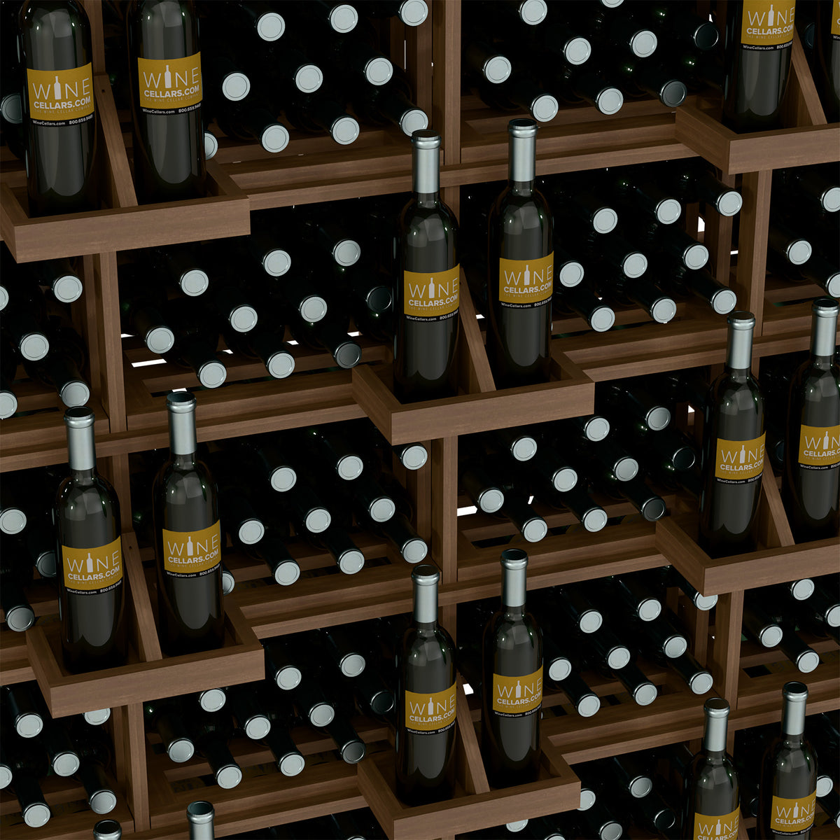Wine bottle wall display close-up: black bottles in wooden cubbies with silver caps