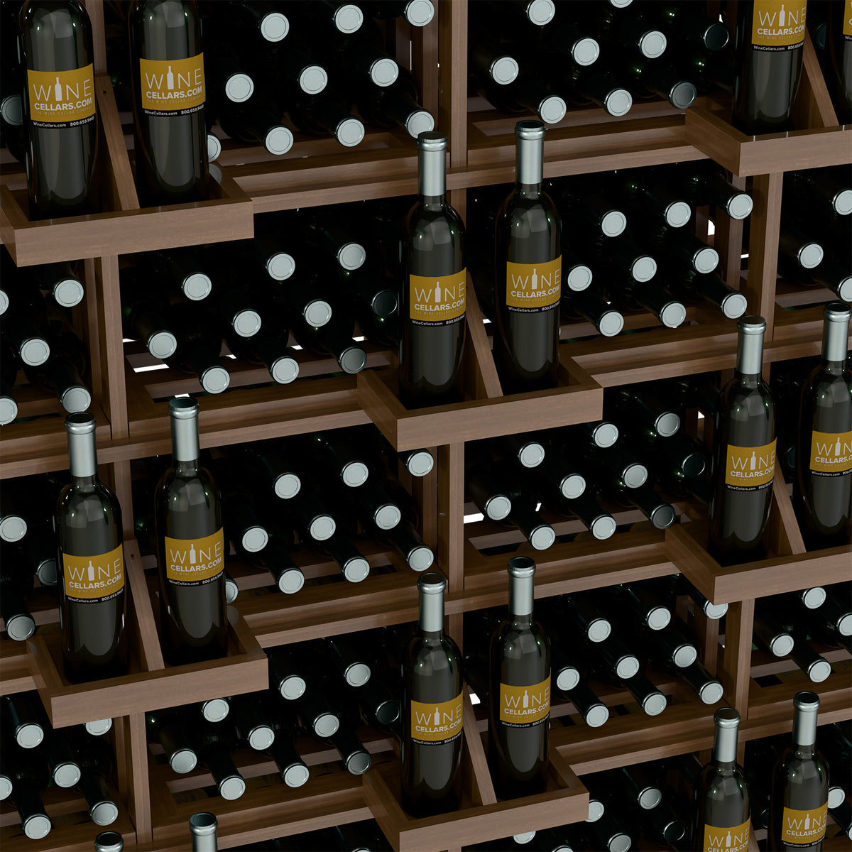 Wood wine bottle wall display close-up of stacked bins holding black bottles