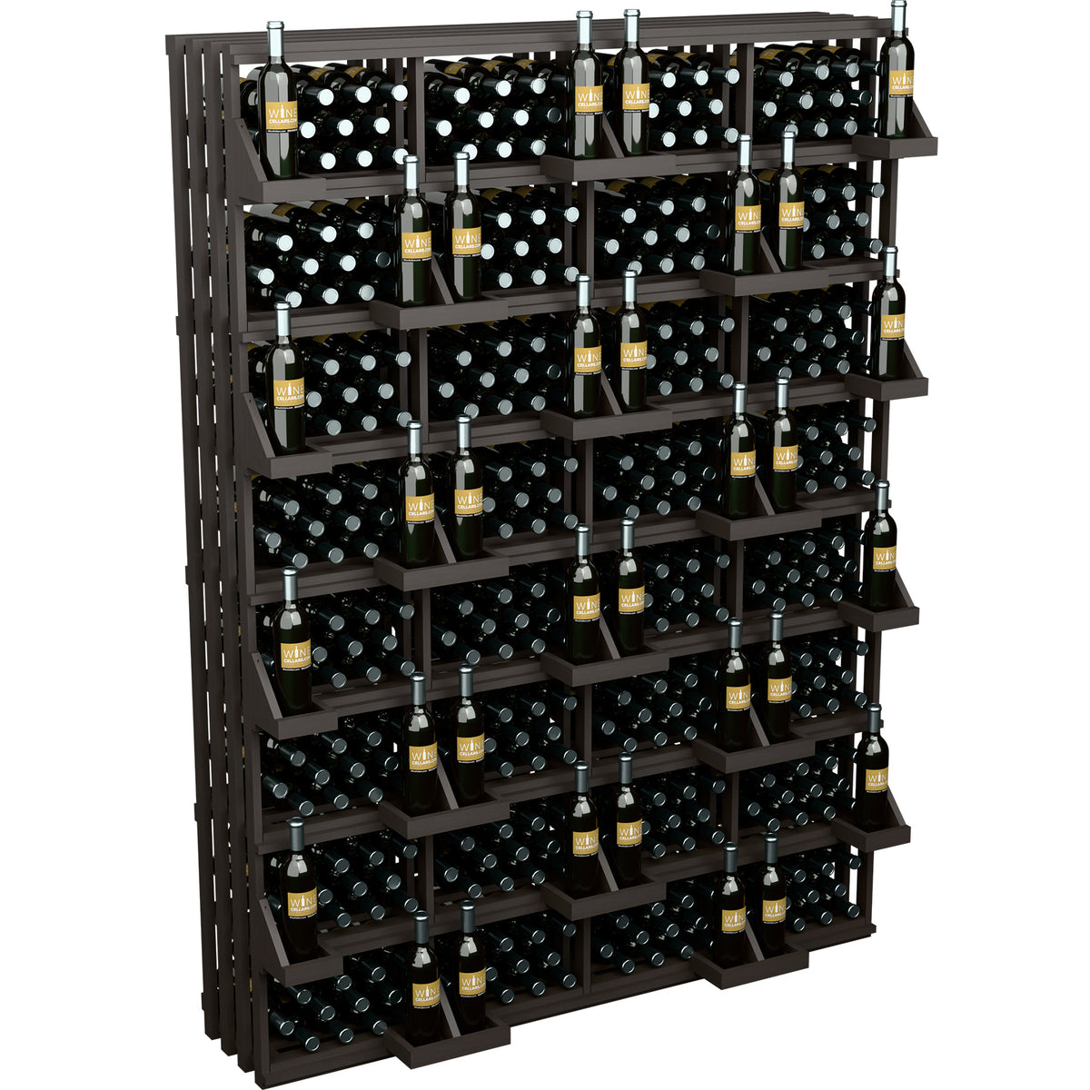 Wine bottle wall display with bulk bins, dark wood frame with bottle rows and bottle neck bars