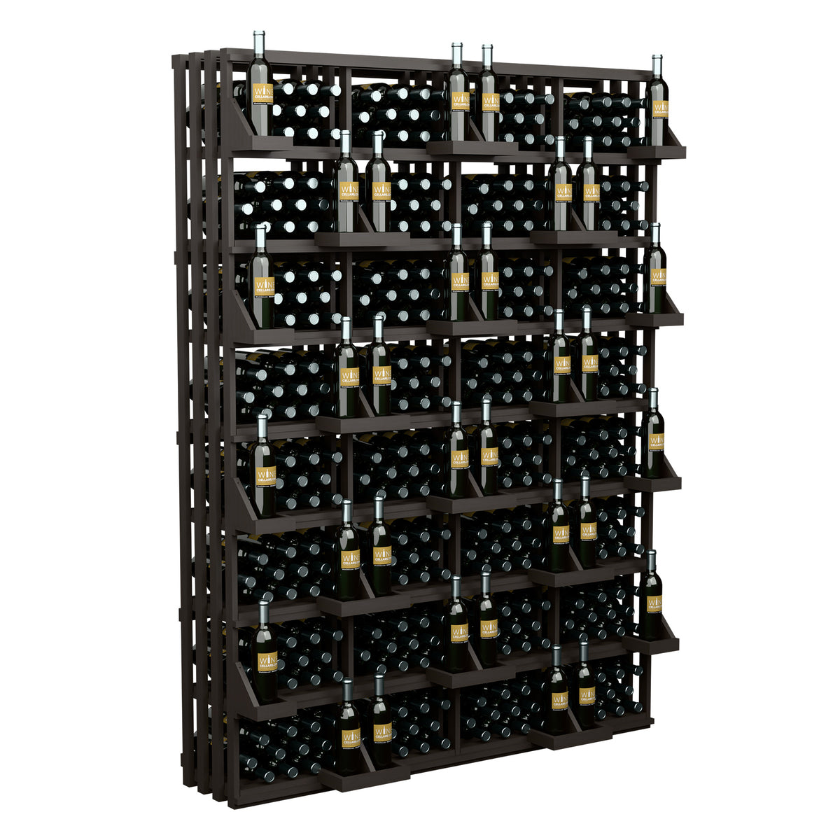 Front view of black wine bottle wall display with multi-tier bottle shelves