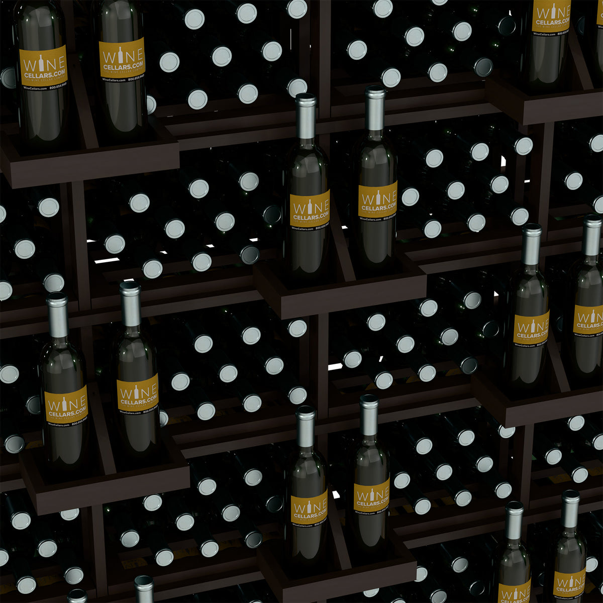Wine bottle wall display close-up showing capped bottles in dark bins