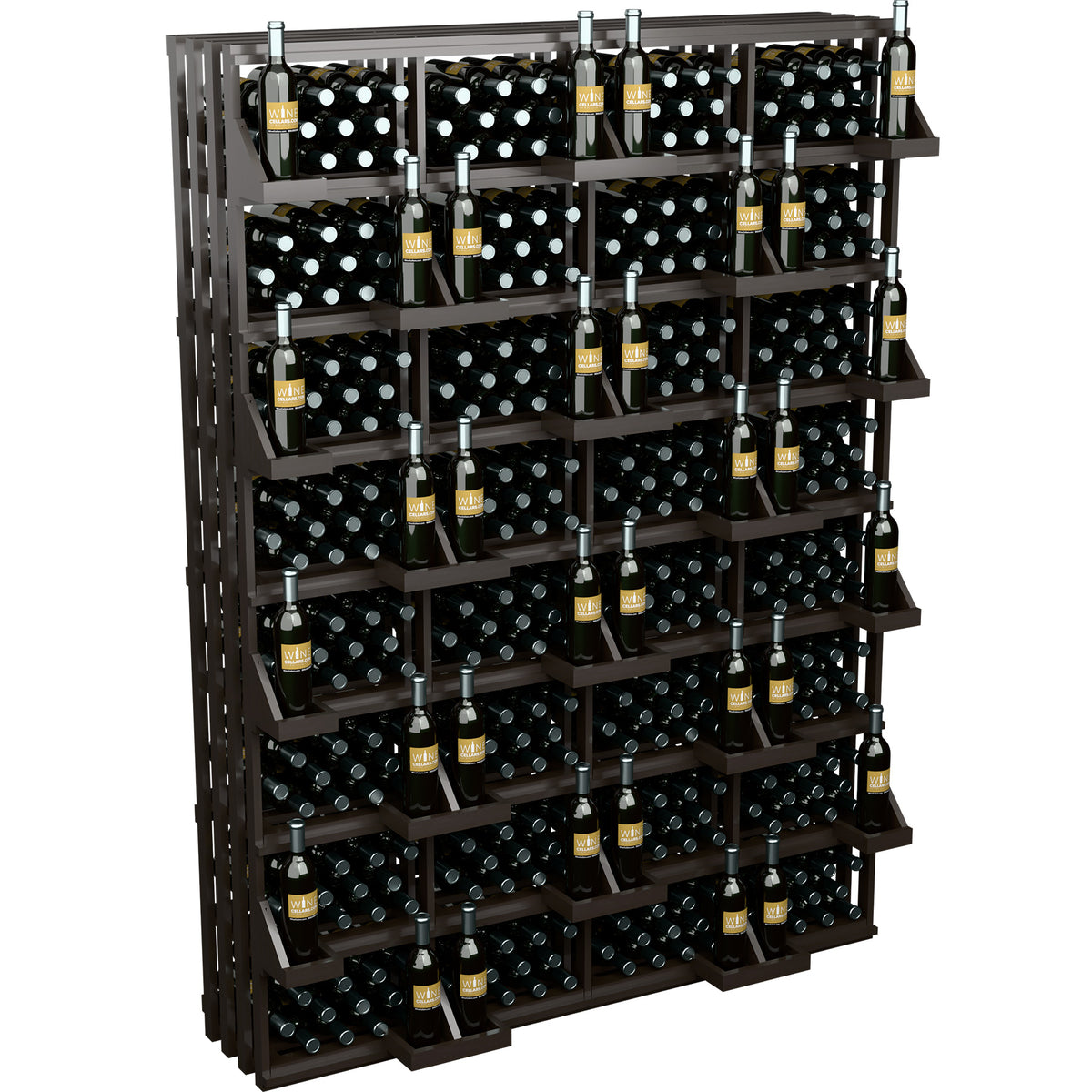 Dark-wood wine bottle wall display with stacked rows and metal bottle supports