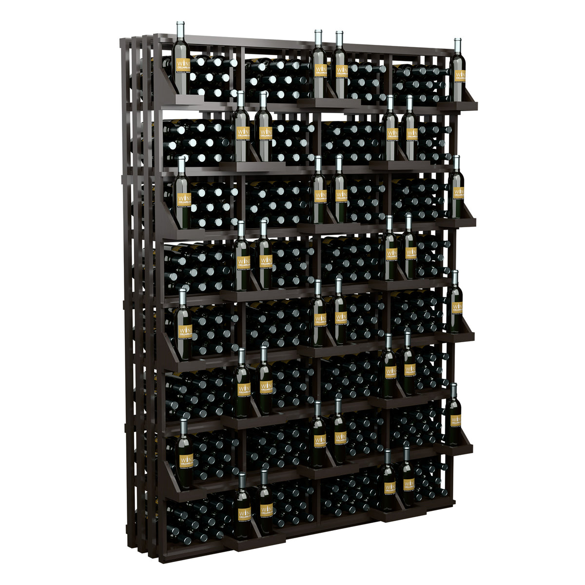 Wine bottle wall display with stacked bottle rows in wood bulk bins