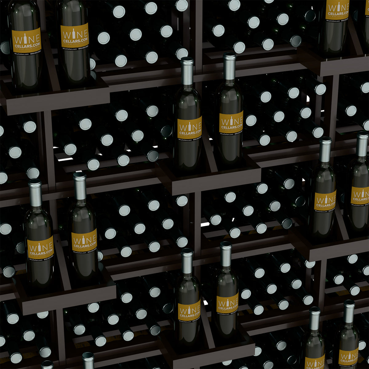 Wood wine bottle display close-up showing black bottles in nested square bins