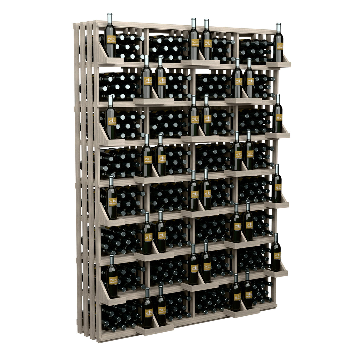 Wood bottle wall display rack with multiple shelves and upright wine bottles