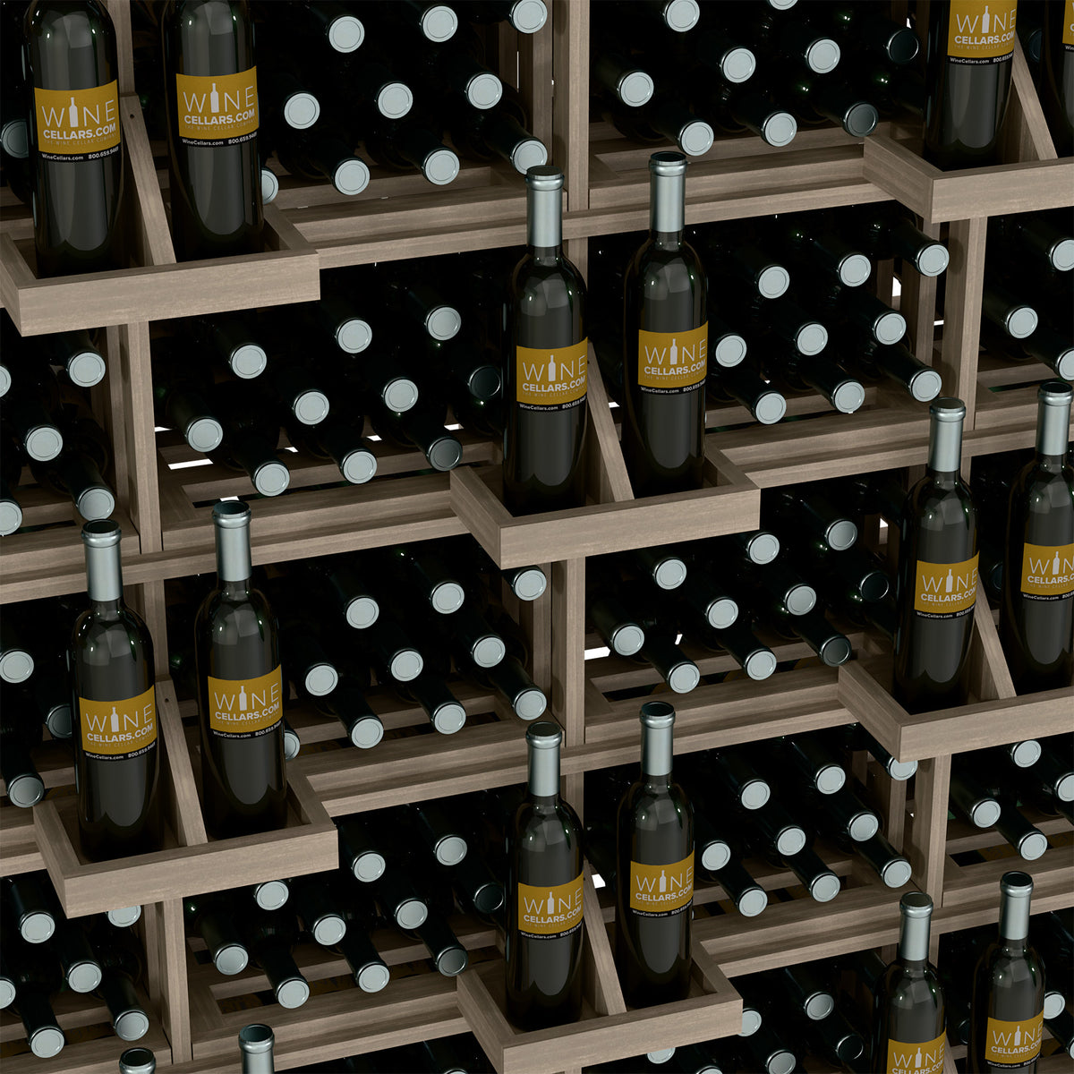 Wood wine bottle wall rack section with slotted shelves and metal bottle pegs; dark bottles