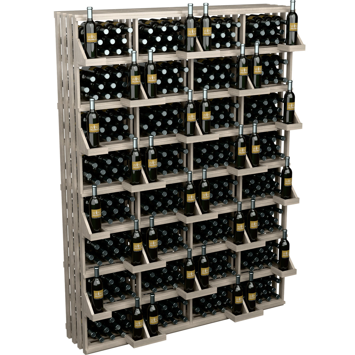 Light-wood wine bottle wall display with stacked bulk bins and bottle holders