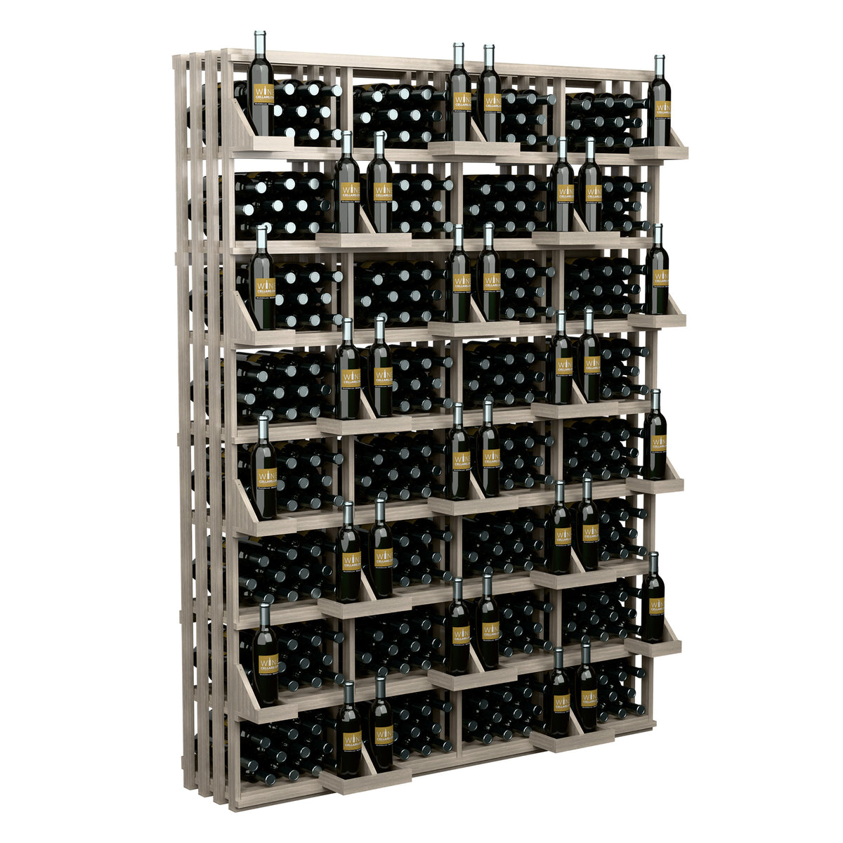 Light wood wine bottle wall display with stacked bottle rows and side slats