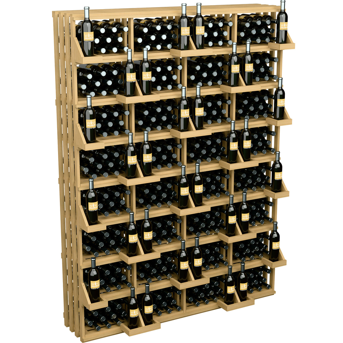 Freestanding wine bottle storage rack with light wood shelves, metal neck pegs, dark bottles