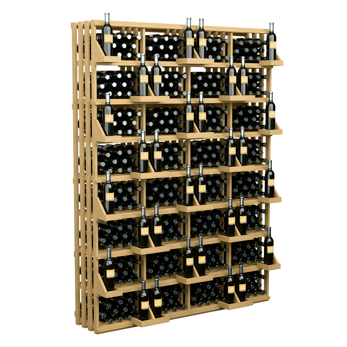 Wine bottle display rack with natural light wood frame and black bulk bin inserts