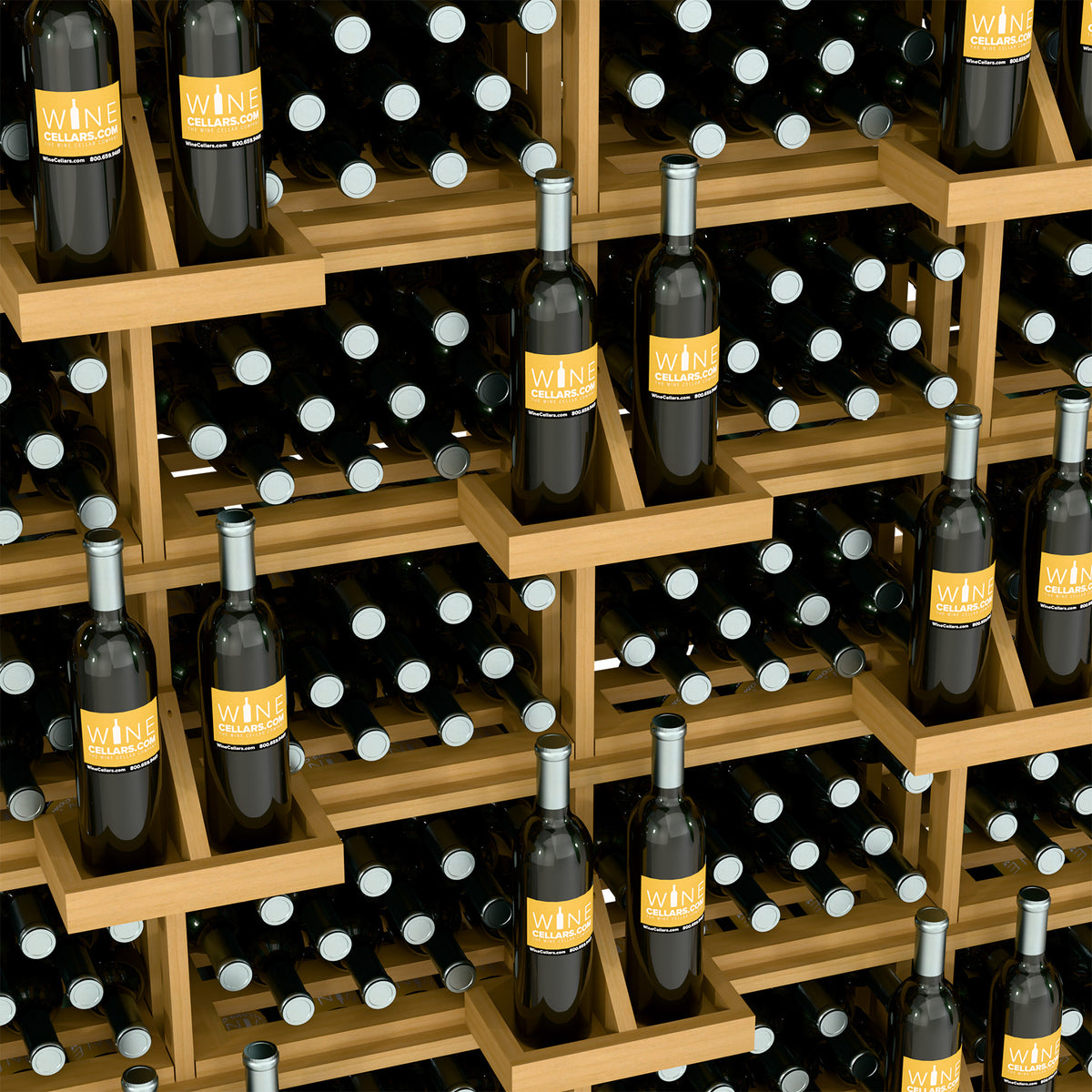 Wine bottle wall display with bulk bins, close-up of light wood shelves and bottle rows