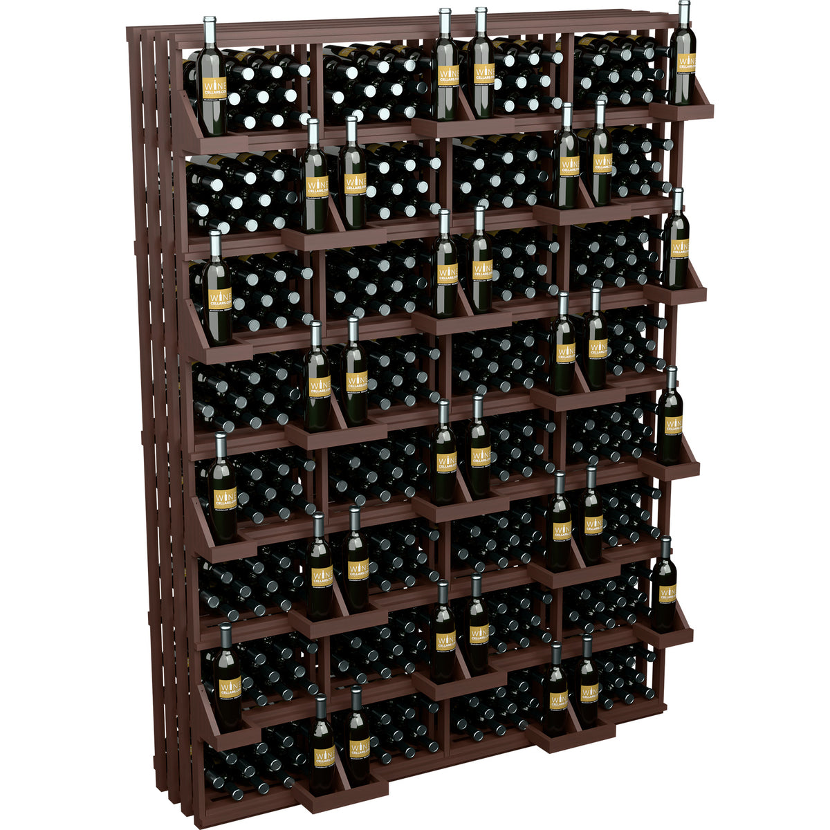Dark wood wine bottle wall display with stacked cubbies holding black bottles