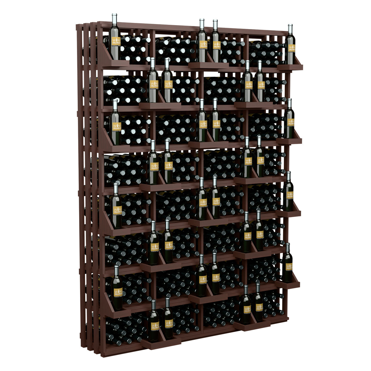 Wine bottle wall display with brown frame and multi-tier bottle shelves