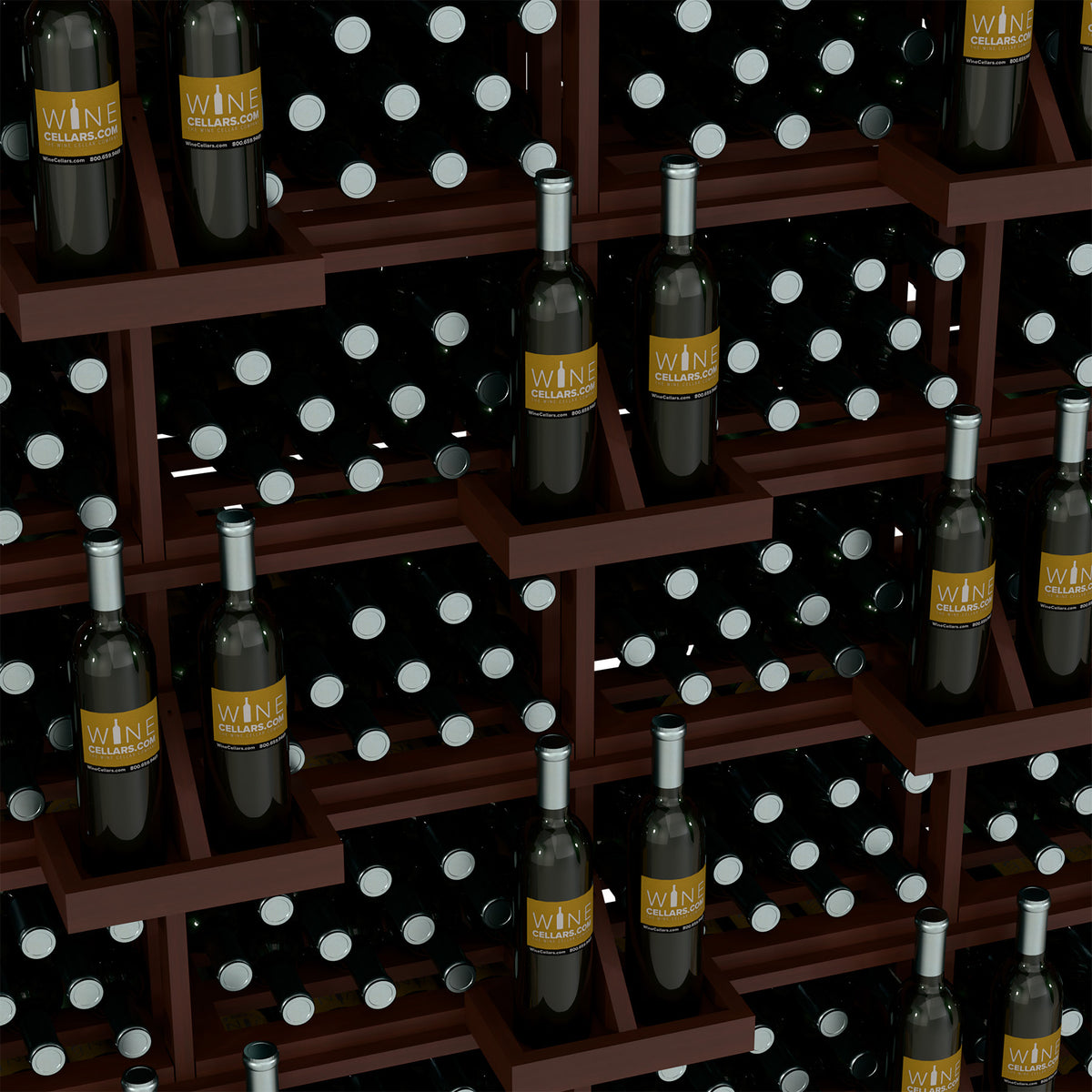 Close-up of wine bottles in a wooden wall display grid with circular bottle slots
