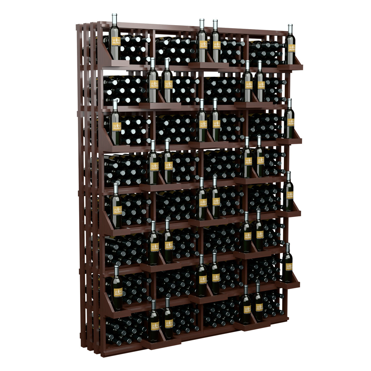 Commercial wine bottle wall display with bulk bins, dark brown wood rack with bottle bottles