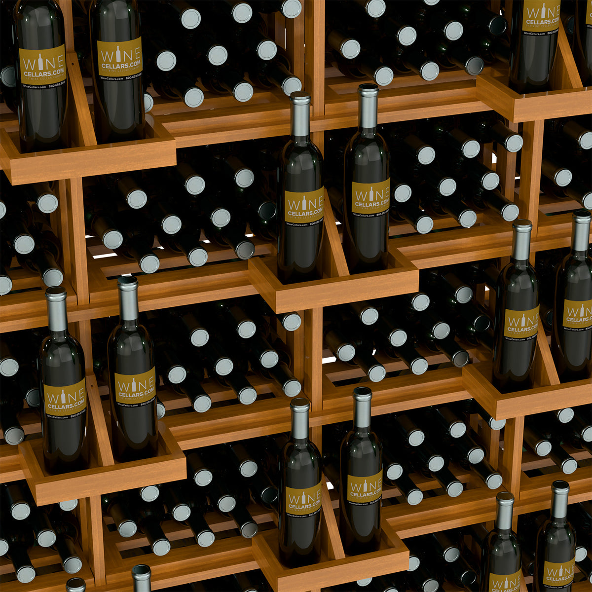 Commercial wine bottle wall display with bulk bins, light wood shelves and bottle storage