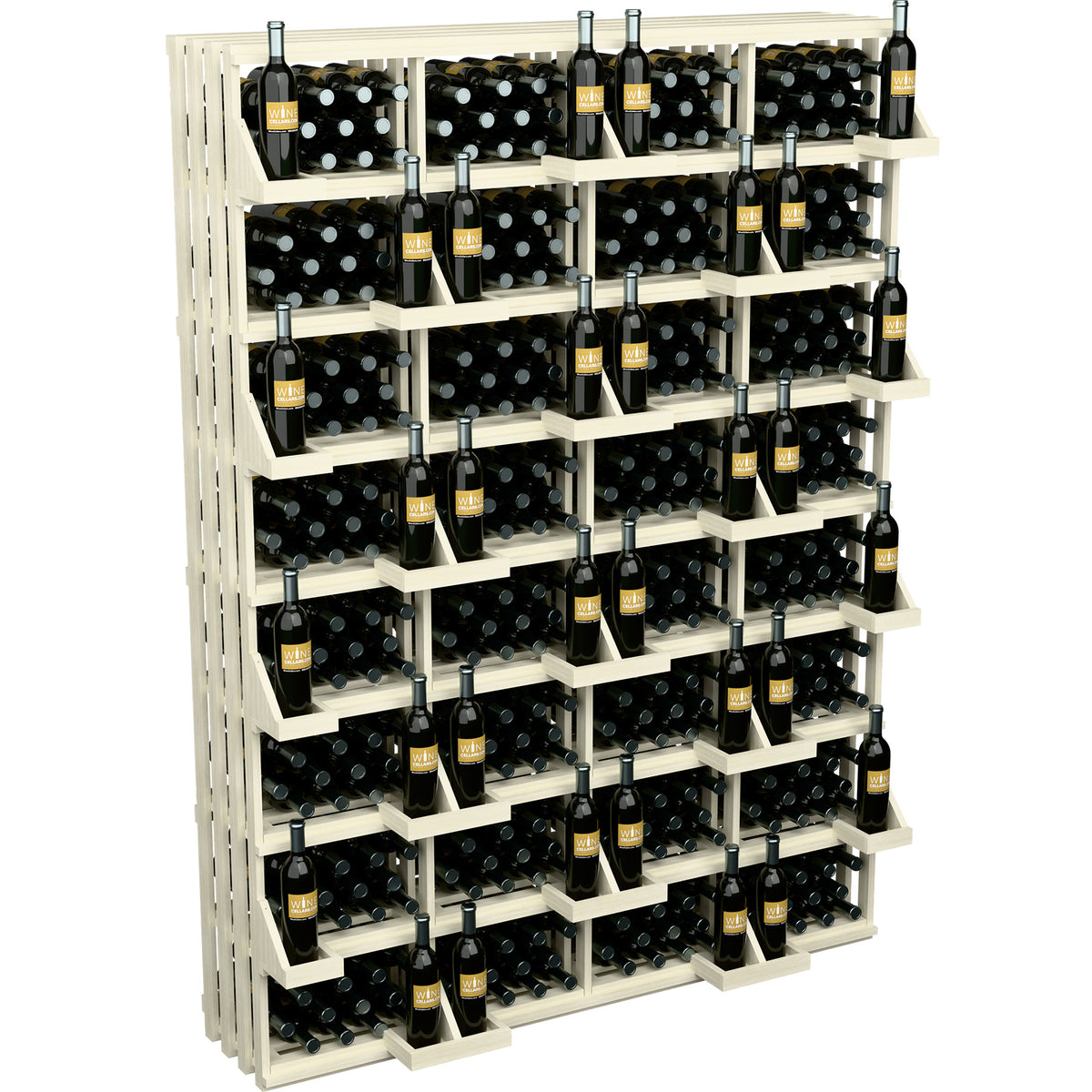 Wine bottle display rack with white washed wood shelves and black bulk bin inserts